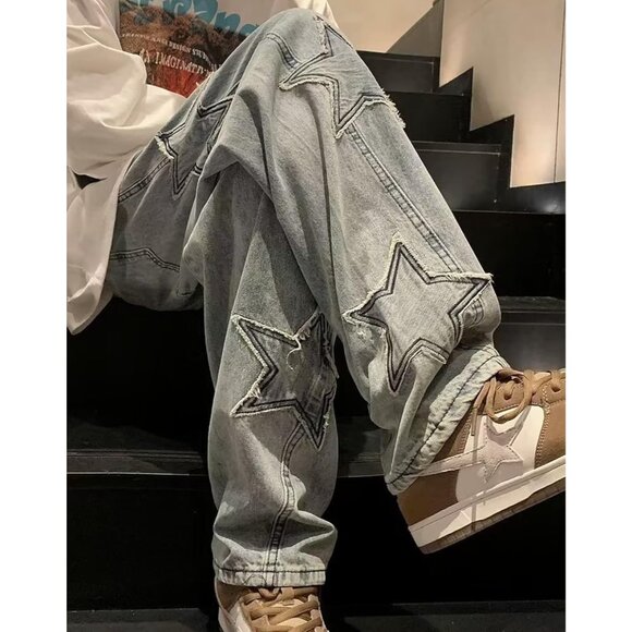 Large Size Y2K Star Print Denim Jeans for Women - Perfect for Stylish Teens - Picture 5 of 5